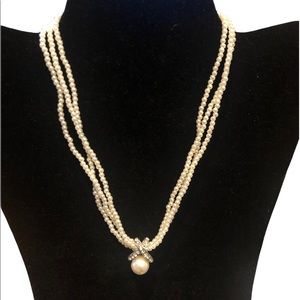 Faux Pearl & Crystal X Necklace three Seed Pearl Strands Silver Toggle close NIB